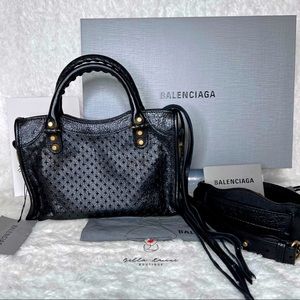 BALENCIAGA Agneau Classic Gold Hardware Perforated Cross Mini City